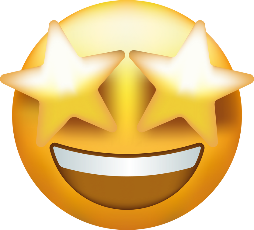 Starry eyed emoji. Golden stars for eyes excited emoticon with open smile.